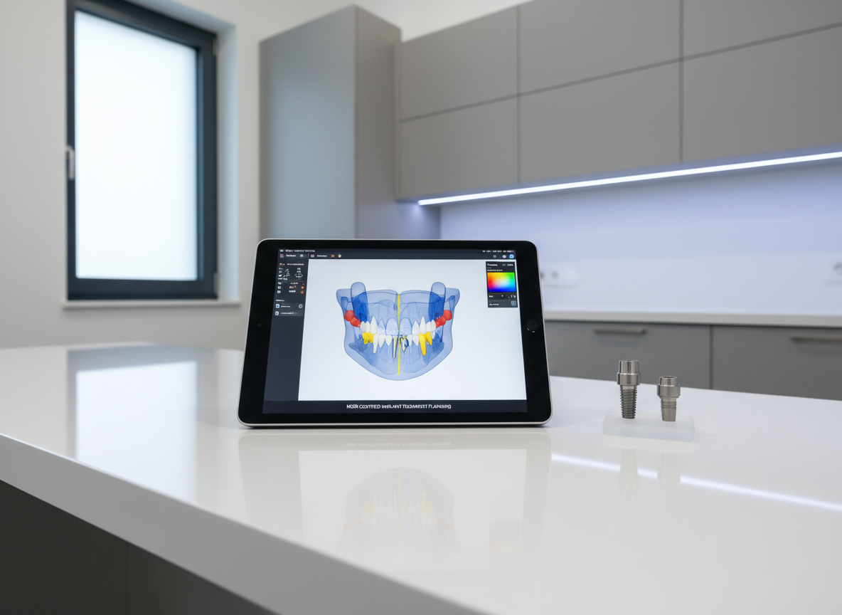 A digital tablet on a spotless white desk displaying a 3D planning software screen with a precise virtual placement of a CSM dental implant in a color-coded jawbone scan. Next to the tablet lies a physical titanium implant and abutment, carefully positioned on a small, frosted glass stand to mirror the on-screen model. The environment is a modern dental planning office with clean lines, muted gray cabinetry, and a subtle CSM blue accent in the background. Soft, indirect LED lighting combined with daylight from a nearby window provides even, glare-free illumination. Shot from a slightly elevated angle with a shallow depth of field, the photographic, high-tech aesthetic emphasizes digital workflow integration and advanced planning for MDR-certified implant treatment.