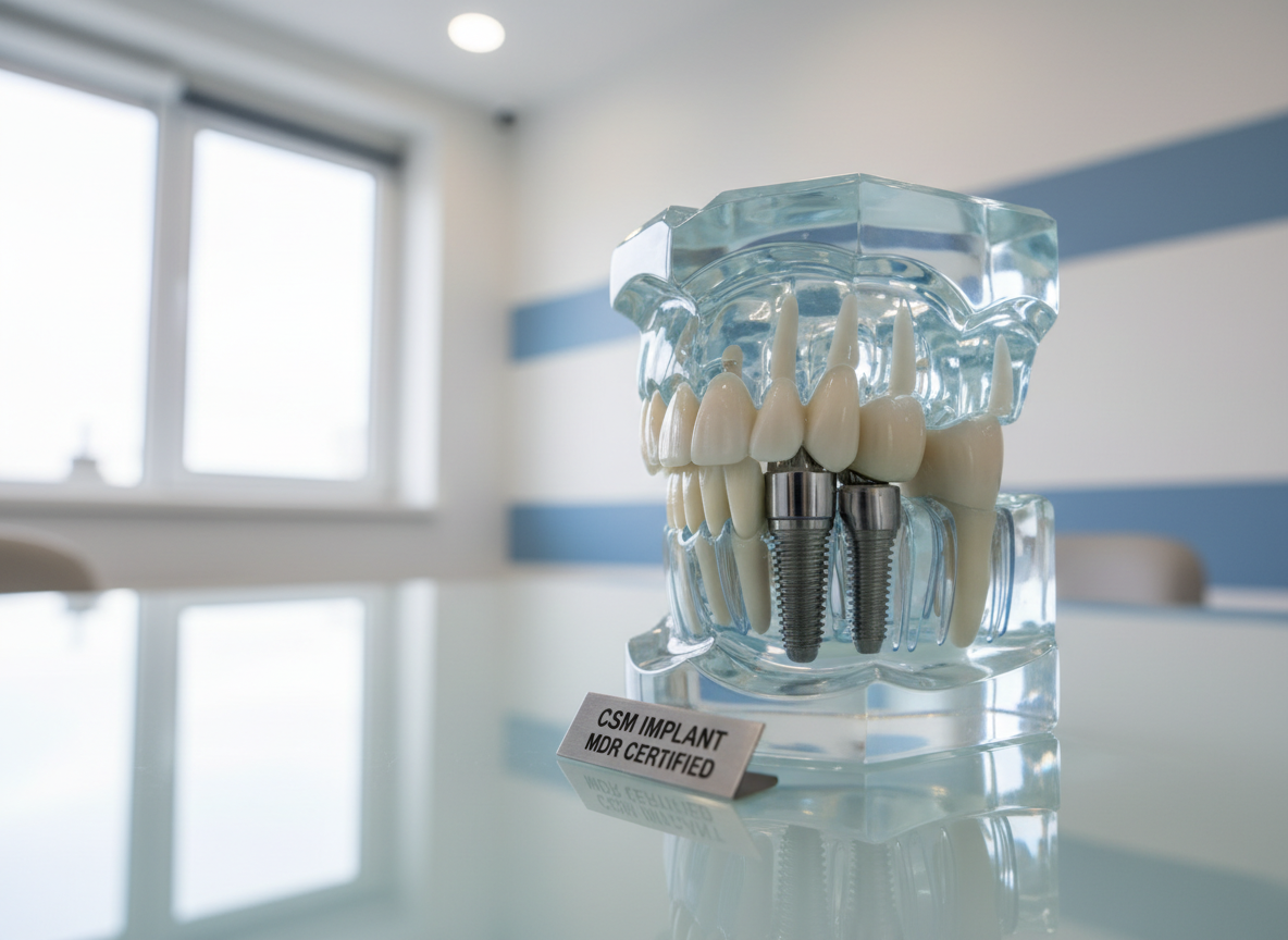 A cross-sectional acrylic dental model showcasing a lower jawbone with a precisely placed CSM dental implant integrated into the bone, topped with an abutment and a natural-looking ceramic crown. The transparent model reveals bone density and thread engagement, emphasizing osseointegration. It rests on a polished glass surface in a bright, contemporary consultation room with white walls and subtle blue accents. Natural daylight from a large side window mixes with soft overhead lighting, creating clear visibility and faint reflections. Shot at a three-quarter angle with moderate depth of field, the photographic realism and clinical clarity communicate education, trust, and the science behind MDR-certified implant solutions.