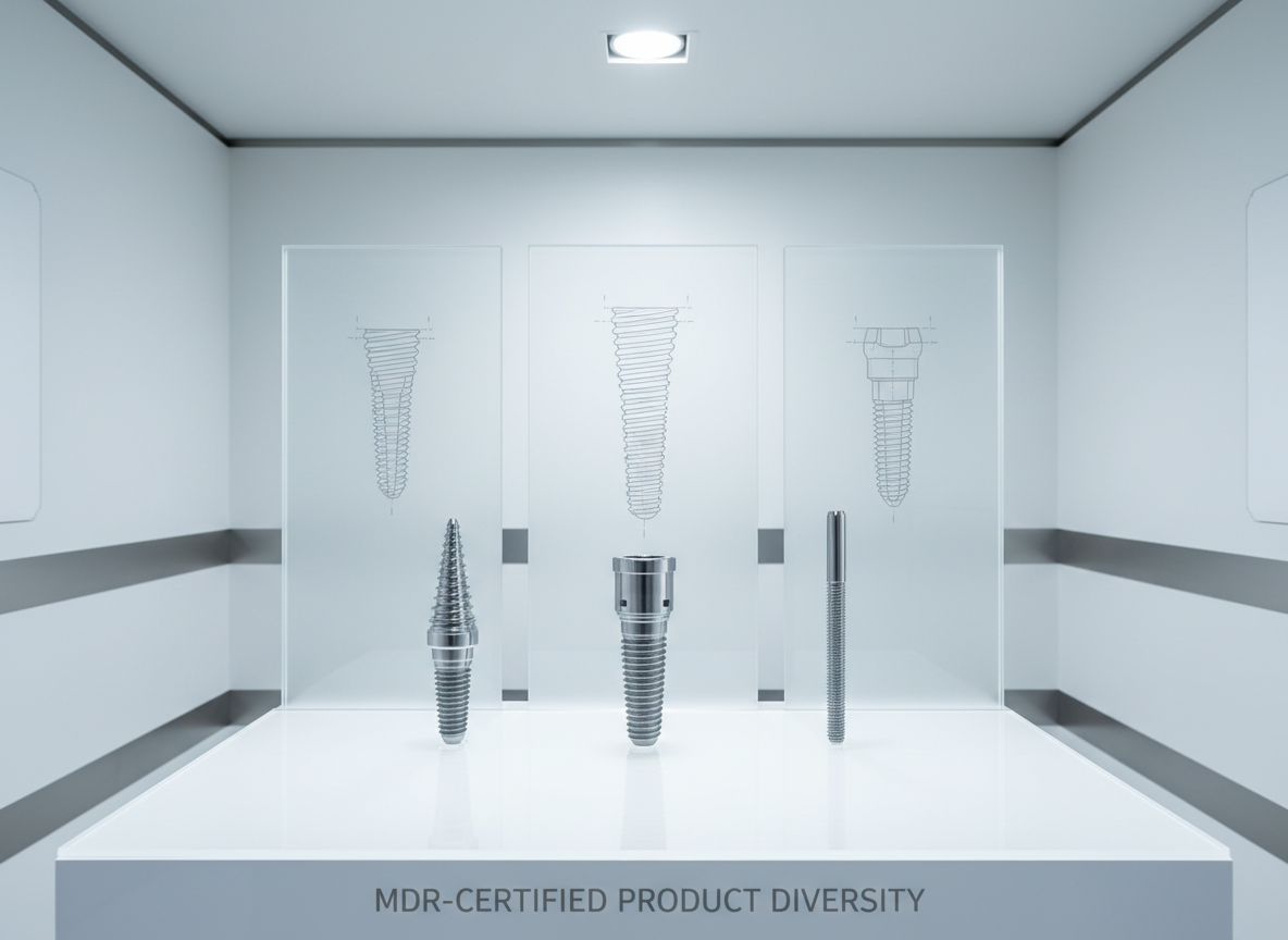 A row of different CSM dental implant designs—standard, tapered, and narrow diameter—standing upright on a glossy white acrylic platform, each separated and clearly visible. Behind them, semi-transparent panels show schematic engravings of thread patterns and connection geometries in a subtle, light gray. The setup is placed in a minimalist, futuristic showroom space with clean white walls and a hint of metallic accents. Directional studio lighting from above and behind creates refined rim highlights on each implant, enhancing their micro-texture and precision machining. Captured at eye level with a medium depth of field and photographic realism, the composition is symmetrical and orderly, projecting innovation, engineering excellence, and MDR-certified product diversity.