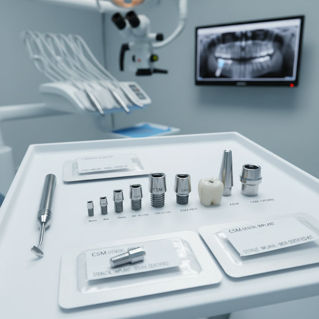 A neatly arranged set of CSM-branded dental implant components displayed on a smooth, matte white tray: multiple titanium implants of varying lengths, narrow and standard abutments, and a lifelike ceramic crown, each labeled with subtle engraved markings. Surrounding the tray are sterile, unopened blister packs and a stainless steel implant driver, all set within a spotless, modern clinical environment. Cool, diffused overhead lighting creates even illumination with gentle reflections on the metal surfaces. The background shows softly blurred hints of high-end equipment and a digital X-ray monitor. Captured from a slightly elevated angle with sharp focus on the components, the photographic, clean, and modern composition conveys order, reliability, and advanced MDR-certified implant technology.